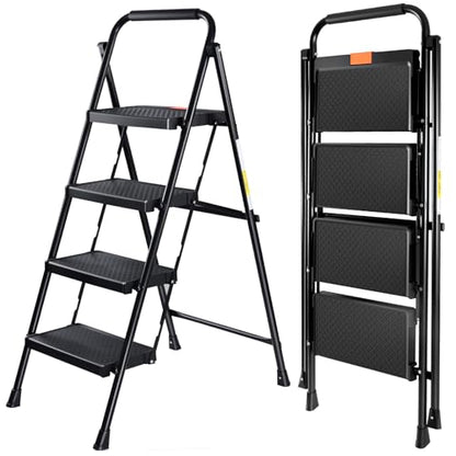 Valeo 4 Step Ladder, 4 Step Ladder for Adults with with Safe-Lock Design, Wide Anti-Slip Pedal, 500lbs Sturdy Steel Ladder, Step Stool Foldable with Cushioned Handle,Black - style: 4 Step Ladder