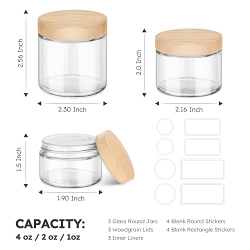 Glass Cosmetic Jars with Plastic Woodgrain Lids, 4 oz, 2 oz 1 oz Small Glass Storage Jars with Lids & Stickers, Reusable Clear Travel Containers for Creams, Lotion, Balms, Ointment 3 pack - color: Clear-3 Pack-124oz