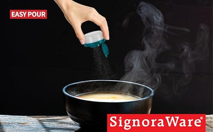SIGNORAWARE Salt and Pepper Shakers Moisture Proof Set of 2 Small Mini Salt Shaker to go Camping Picnic Outdoors Kitchen Lunch Boxes Travel Spice Set Clear with Red Covers Plastic Airtight Dispenser - color: Teal