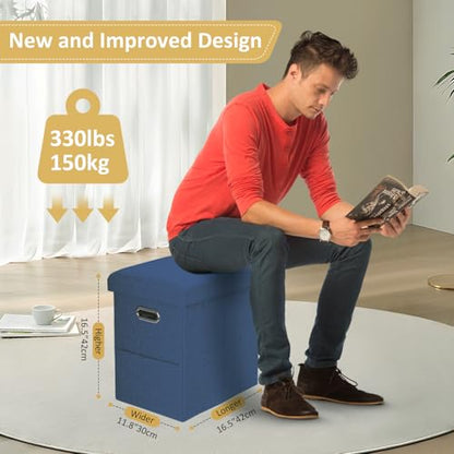 Tall Ottoman with Storage Collapsible Fabric Small Slim Folding Ottoman Furniture with Handles Lid for Room Footrest Foot Stool Linen Navy Blue 16.5x16.5x11.8in - color: Navy Blue