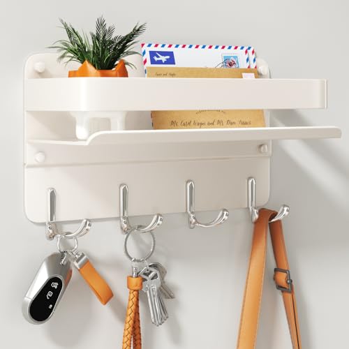 Key Holder Wall Mount Mail Holder for Wall with Shelf Includes Key Hook and Wallet Holder Hanging Key Rack with Sunglasses Storage Decorative with 8 Hooks(Beige) - color: White