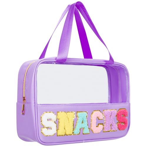 Snack Bags Chenille Letter Patch Clear Bag for Travel, Preppy Cosmetic Bag Snack pouch with Zipper, Toiletry Bag for Traveling Women, Clear Travel Bags for Toiletries (Deep Purple) - color: Deep Purple