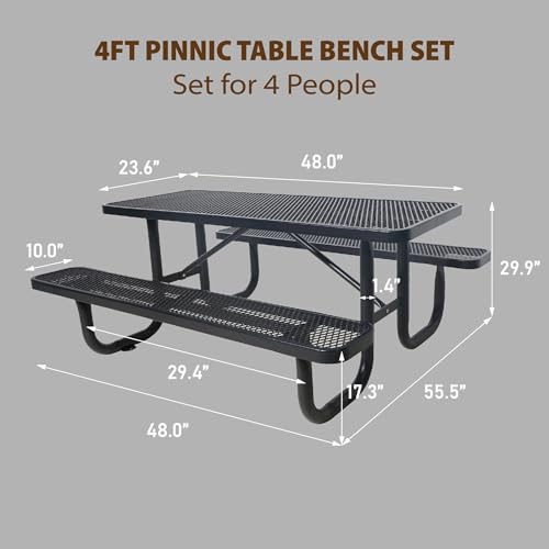 4FT Patio Picnic Table,Heavy-Duty Metal Outdoor Dining Table,Commercial Rectangular Picnic Table Set for Backyard,BBQ and Garden,Black
