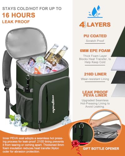 Capolo 36/45 Cans Cooler Backpack Insulated Waterproof for Women Men Lunch Backpack Coolers Leak Proof Soft Cooler Bags - color: Leather Green, size: 36 Cans