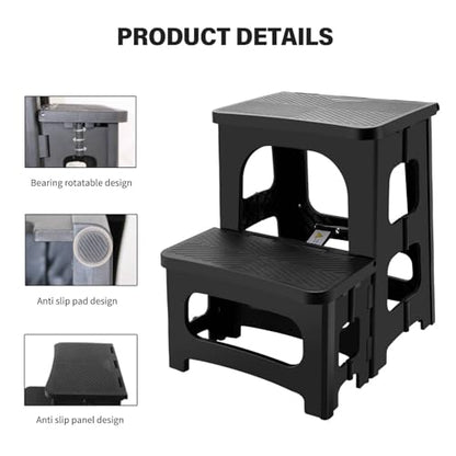 2-Step Folding Stool, Non-Slip Folding Step Stool Plastic Steps Ladder, Portable Bedside Step Stool, Hold up to 300 lbs, Lightweight & Foldable Step Ladder for Kitchen Toilet Office Home RV-Black