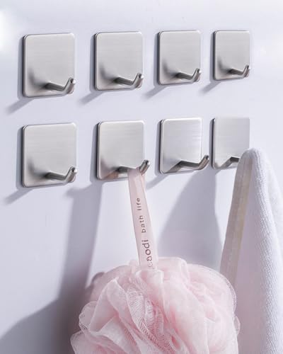 8 Pack Adhesive Wall Hooks, Self-Adhesive Hooks for Bathroom, Door Back Stick-On Towel Hooks, Hanging Coat Hat Key Washcloths Aprons Oven Mitts for Kitchen Shower Garage Home, Silver - style: S-Silver-45°