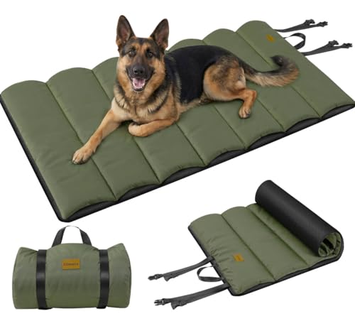 Gimars Upgraded Thickened XL Outdoor Dog Bed with Waterproof Film, Easy to Roll Up with Buckle, Large Travel Pet Bed for Large & Extra Large Dog, Portable, Foldable, Washable for Camping,Traveling - color: Green, size: 46.5"L x 27.5"W x 1"Th