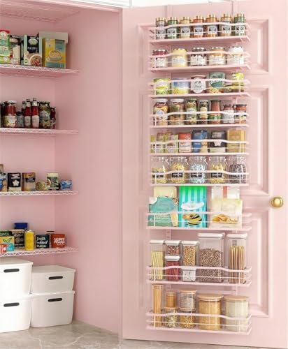 Moforoco Pink 9-Tier Over The Door Pantry Organizer, Pantry Organization and Storage, Black Hanging Basket Wall Spice Rack Seasoning Shelves - color: Pink, size: 9-Tier Standard
