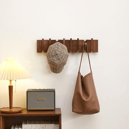 QUELLANCE Wood Coat Rack Wall Mount, Coat Hooks Hanger Wall Mounted, Heavy Duty Wall Coat Rack with 8 Hooks for Hanging Coats/Keys/Hats/Robe&Towels/Plants/Bags, Walnut - size: 8 Hooks