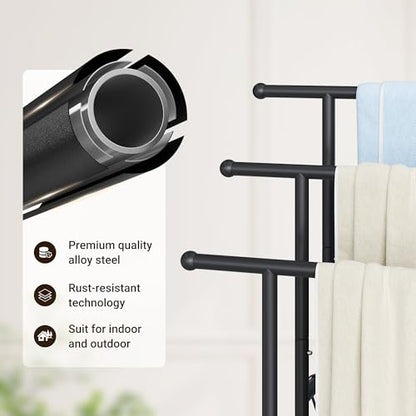 ELYKEN 3 Tier Standing Towel Rack, 40'' Tall Towel Drying Rack Outdoor, Freestanding Floor Towel Rack with Shelf, Pool Towel Blanket Stand, Metal Towel Racks for Bathroom freestanding, Matte Black - color: Black