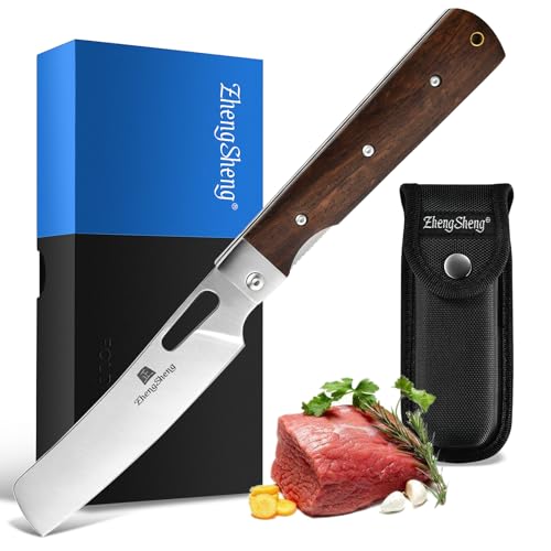 ZhengSheng Folding Chef Knife with Nylon Pouch 4.8" Sharp 440A Stainless Steel Blade Wooden Handle Pocket Foldable Japanese Style Kitchen Knife for Outdoor Camping Cooking - color: #6 Natural wooden Handle - Black Nylon Pouch