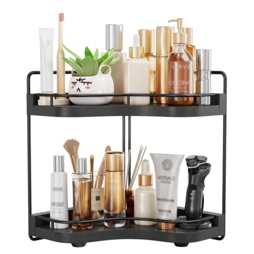2-Tier Corner Bathroom Counter Organizer with Embedded Screw Holes, Secure & Stable Wood Vanity Shelf for Makeup and Skincare Essentials - Space Saving Bathroom Countertop Storage, Black - color: Black