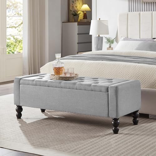50" W Storage Ottoman Bench with Safety Hinge, Load up to 660 lb Ottoman with Storage, Upholstered Tufted Entryway Bench with Seating for Living Room, Bedroom, Light Gray - color: Light Gray