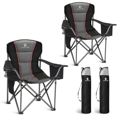 LET'S CAMP Folding Camping Chair Oversized Heavy Duty Padded Outdoor Chair with Cup Holder Storage and Cooler Bag, 450 LBS Weight Capacity, Thicken 600D Oxford,2 Pack - color: Black, size: Twin Pack