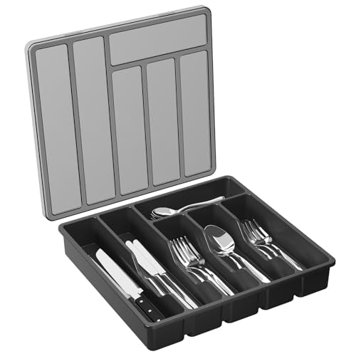 Lifewit Silverware Organizer with Lid, Covered Utensil Tray for Kitchen Drawer and Countertop, Plastic Cutlery and Flatware Storage Box for Spoons Forks Knives Holder Case, 12.6x11.8", Black - color: Black, size: 12.6"L x 11.8"W