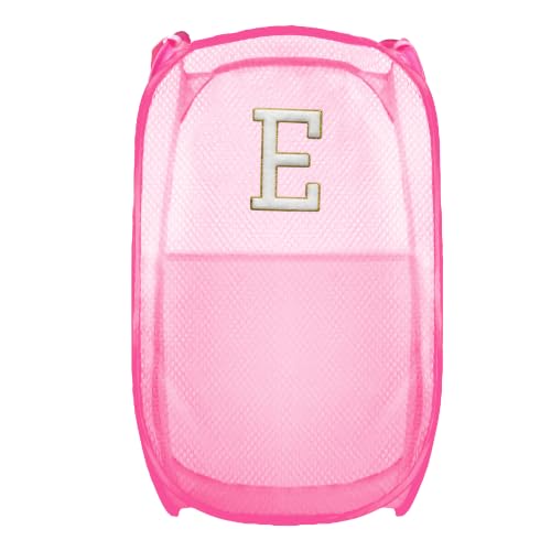 Collapsible Pop Up Laundry Hamper, Extra Large with Removable Initial Letter E, Mesh Foldable Laundry Basket, 28" x 16" x 16" (Pink) - color: 1P PinkE