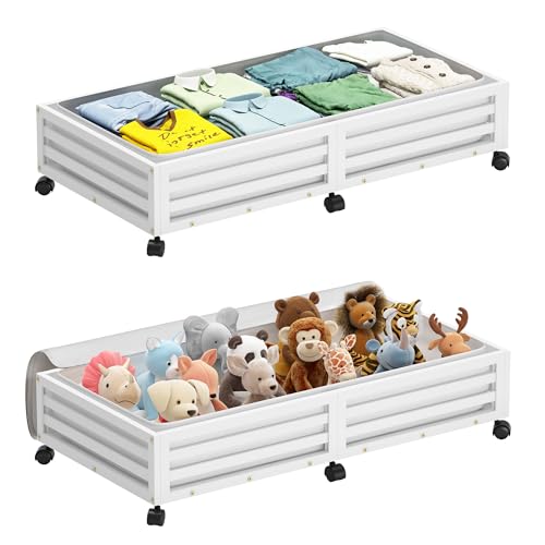 Wisuce Bamboo Under Bed Storage Containers- Underbed Organizer with Wheels with Dust Bag,Sturdy Wood Rolling Under the Bed Shoe Storage Organizer Drawers (White, 2 Pack (33.07"×16.54")) - color: White, size: 2 Pack (30.72"×16.54")