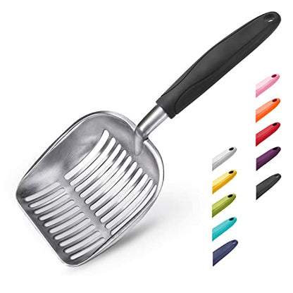 WePet Cat Litter Scoop, Aluminum Alloy Sifter, Kitty Metal Scooper, Deep Shovel, Long Handle, Poop Sifting, Kitten Pooper Lifter, Durable, Heavy Duty, for Litter Box - color: FLAT Aluminum \ #06 Black Handle, size: Large