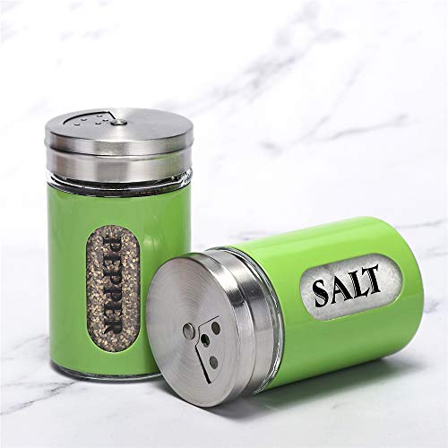 Salt and Pepper Shakers Stainless Steel and Glass Set with Adjustable Pour Holes (Green) - color: Green