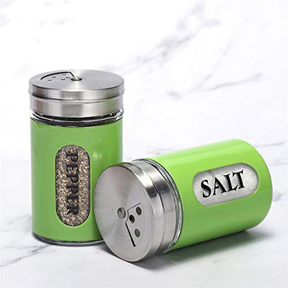 Salt and Pepper Shakers Stainless Steel and Glass Set with Adjustable Pour Holes (Green) - color: Green