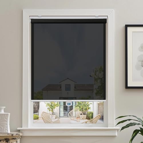 AOSKY Cordless Roller Shades for Windows Light Filtering Shades with 5% Openness Solar Screen Semi Sheer Roller Blinds UV Protection for Office and Home. Easy to Install 27" W x 72" H (Black) - color: Black, size: 27"W x 72"H