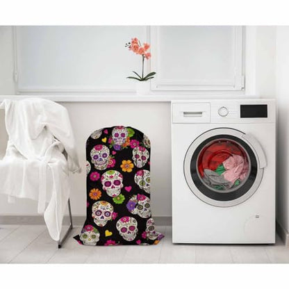 Swono Sugar Skull Drawstring Closure Dirty Clothes Bag Organizer, Heavy Duty Large Laundry Bag, Day Of The Dead Mexican Skeleton Floral Rip-Stop Bags for Camp Travel, Machine Washable, Spooky - color: Sugar Skull