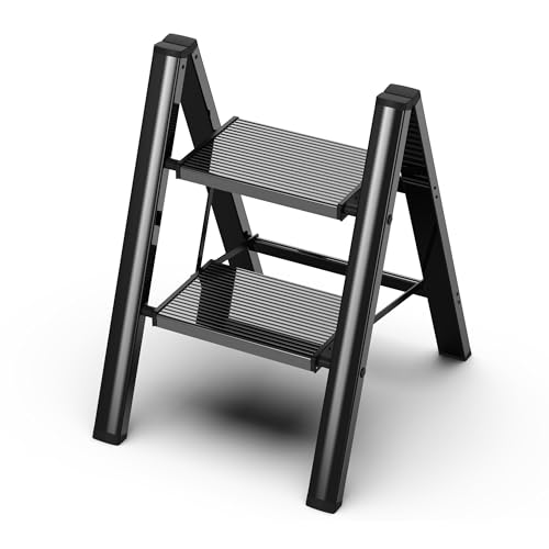 2 Step Ladder, Folding Step Stool with Wider Pedal, Anti-Slip Feet & Non Slip Stripes, Aluminum Sturdy Material, 300Lbs Capacity, Elegant Look of Piano Black Better Matches Your Home - color: Black, size: 2 Step