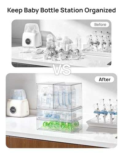 Vtopmart 8 Pack Stackable Storage Drawers Set, Clear Plastic Organizer Bins for Baby Bottle, Beauty Supplies Storage, Ideal for Kichen Countertop, Vanity, Bathroom, Cabinet, Pantry Organization - style: 4 High+4 Wide
