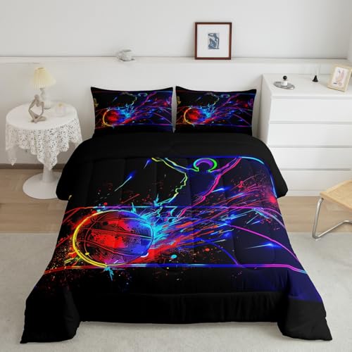 Erosebridal Basketball Comforter Set Twin 3D Sports Bedding Sets for Boys Teens Kids Men Tie Dye Fire and Ice Comforter Player Sport Game Warm Soft Lightweight Red Blue Quilt Set, Black - color: Multi 17, size: Twin