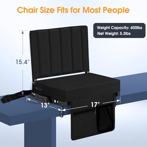 Stadium Seat for Bleachers with Back Support, Portable Bleacher Seat with Wide Comfy Padded Cushion, Metal Hook, Folding Stadium Chair with Shoulder Strap, Carry Handle, Cup Holder, Black - color: Black