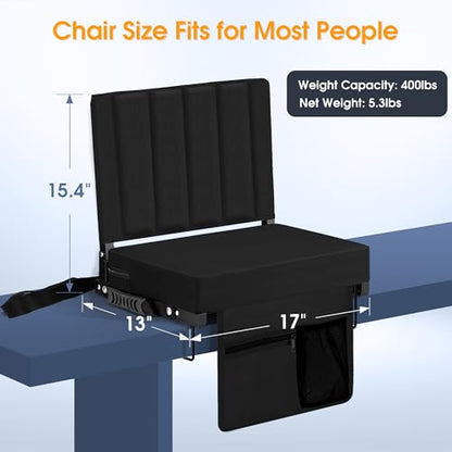 Stadium Seat for Bleachers with Back Support, Portable Bleacher Seat with Wide Comfy Padded Cushion, Metal Hook, Folding Stadium Chair with Shoulder Strap, Carry Handle, Cup Holder, Black - color: Black