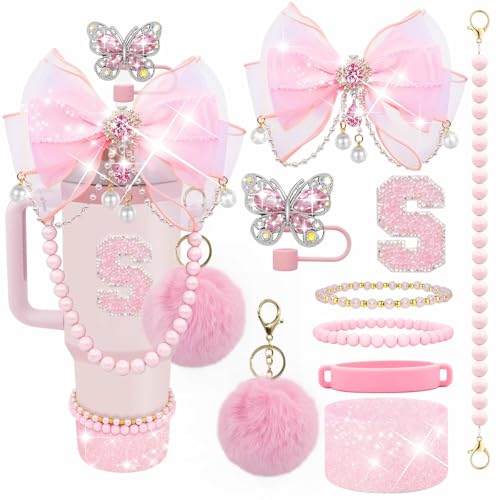 Letter Stickers Bling Accessories Set for Stanley 40/30/20 oz Tumbler: Bow Straw Topper, Charms, Butterfly Cap, Pearl Strap, Silicone Boot, Accessories for Stanley Quencher H2.0 - color: Pink Peony, style: S