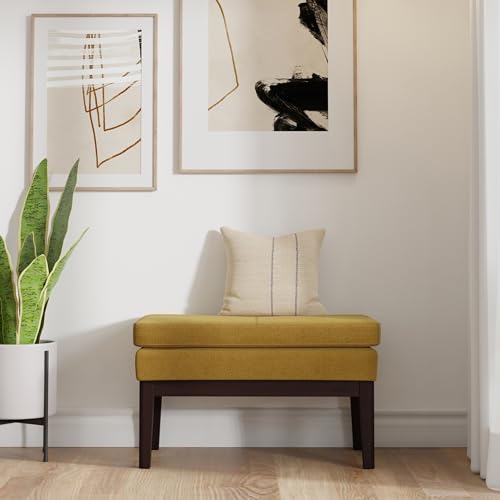 SIMPLIHOME Carlson Small Ottoman Bench - 27 inch Wide Upholstered Woven Fabric Rectangle Ottoman in Marigold, Mid Century Modern Bench for Bedroom, Entryway or Living Room with Padded Seat - color: Marigold, style: Small Ottoman Bench
