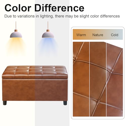 Joveco Storage Ottoman Bench, 32 Inches Faux Leather Rectangle Tufted Foot Stool for End Foot of Bed, Bedroom, Living Room, Creamy Caramel - color: Creamy Caramel