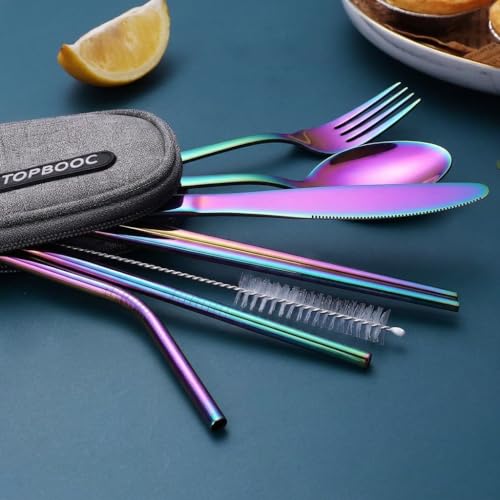 Portable Stainless Steel Flatware Set, Travel Camping Cutlery Set, Portable Utensil Travel Silverware Dinnerware Set with a Waterproof Case (Rainbow) - color: Rainbow