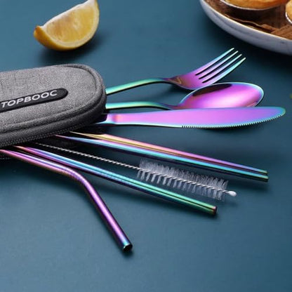 Portable Stainless Steel Flatware Set, Travel Camping Cutlery Set, Portable Utensil Travel Silverware Dinnerware Set with a Waterproof Case (Rainbow) - color: Rainbow