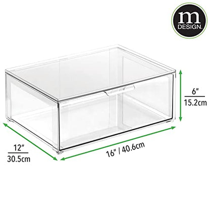 mDesign Plastic Stackable Bathroom Storage Organizer Bin Containers with Front Pull Drawer for Bathroom Countertop, Vanity, Closet Shelves - Holder for Accessories - Lumiere Collection, 2 Pack, Clear - size: 16 x 12 x 6 (Pack of 2)