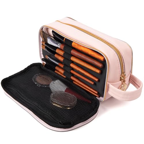 ZIPIT: Travel Makeup Bag - Soft Shell, Large Zipper Cosmetic Case, 3 Compartments, Toiletry Storage Organizer, Clear Window, Brush Slots - color: Pink