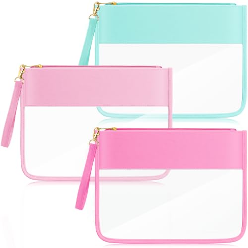 Sanwuta 3 Pcs Clear Flat Zipper Pouch for Travel Women, Nylon Waterproof PVC Makeup Snack Bags Set Organizer Portable Storage DIY Chenille Letter Beach Stuff Toiletry Gym(Green, Dark Pink, Light Pink) - color: Green, Dark Pink, Light Pink