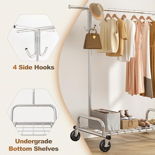 Raybee Heavy Duty Clothes Rack Load 485LBS, 74''W Clothing Rack with Mesh Shelf, Rolling Garment Rack with Adjustable Rail & Lockable Wheels for Bedroom, Laundry Room,Commercial - color: Chrome, style: Mesh Shelf