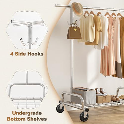 Raybee Heavy Duty Clothes Rack Load 485LBS, 74''W Clothing Rack with Mesh Shelf, Rolling Garment Rack with Adjustable Rail & Lockable Wheels for Bedroom, Laundry Room,Commercial - color: Chrome, style: Mesh Shelf