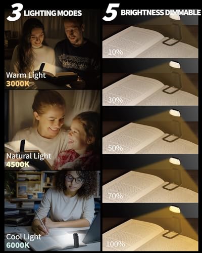 HEMONNKAM Book Reading Light, 2 Pack Rechargeable Clip on Booklight, Eye Caring 3 Color Temperatures & 5 Brightness Levels, Night Use for Bed, Long Lasting, Reading at Night in Bed, Black+Pink - color: Black+Pink