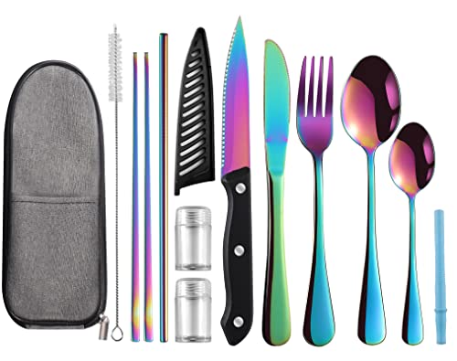 Logcow Travel Utensils Set with Case, 10-Piece Reusable Stainless Steel Camping Cutlery, Portable Fork Spoon Knife Chopsticks & Straw for Work, Lunch, Picnic (Rainbow) - color: Rainbow