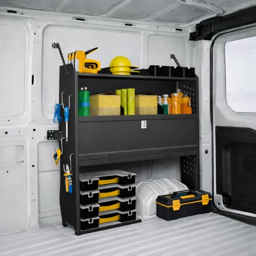 Adjustable Cargo Van Shelving with Lockable Door and Hooks, Heavy Duty Steel Storage 42" W x 46" H x 13" D, Fits Transit, ProMaster, Chevy Express, GMC Savana, Sprinter, Low/Mid/High Roof - size: 42" W x 46" H x 13" D
