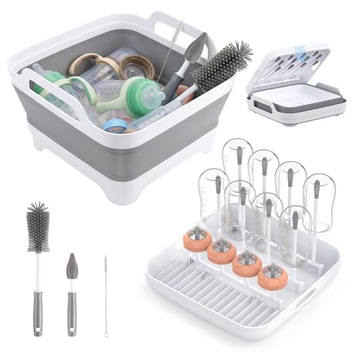 Yecuip Collapsible Wash Basin for Baby Bottles with Drying Rack – 2.4 Gallon Foldable Dish Tub with Handles, Portable RV Camping Sink & Space-Saving Wash Bin with Lid for Kitchen, Travel & Outdoor - color: Gray