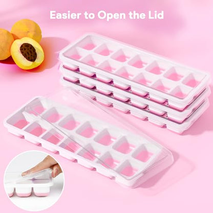 Ice Cube Trays 4 Pack, Airabc Silicone Ice Cube Trays with Removable Lid, Easy-Release Flexible 14-cube Ice Trays, LFGB Certified and BPA Free, Stackable Ice Trays with Covers for Cocktail, Freezer - color: Pink