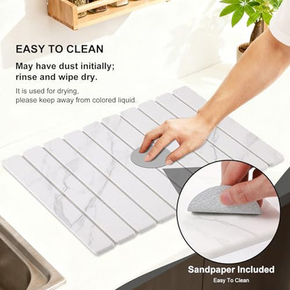 3 PCS Large Stone Dish Drying Mat for Kitchen Counter, Quick Dry Stone Dishes Mats, Sink Faucet Mat, Marble Water Absorbing Diatomaceous Earth Drying Pad for Countertop Tableware, Bottles - color: White Grey Marble