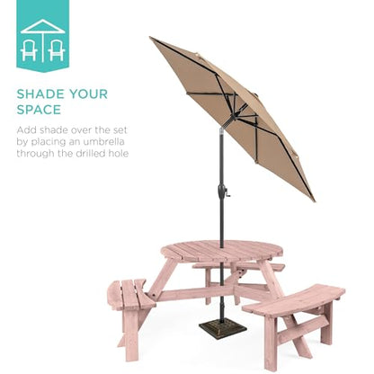 Best Choice Products 6-Person Circular Outdoor Wooden Picnic Table for Patio, Backyard, Garden, DIY w/ 3 Built-in Benches, 500lb Capacity - Rose Quartz - color: Rose Quartz