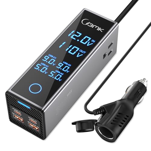 300W Car Power Inverter 12V DC to 110V AC Outlet Adapter 4 Fast USB Ports with PD 36W QC3.0 LCD Voltage Display Stackable Design for Laptop CPAP Road Trip Essentials - color: Gray with black