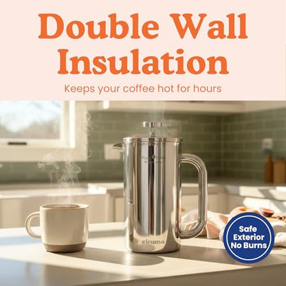 Ziruma Non-Toxic Stainless Steel French Press, Plastic-Free, 34 oz | Surgical-grade steel, heavy metal-free. 4-layer filter, grit-free. Double-wall insulated coffee maker, stays hot. Portable.